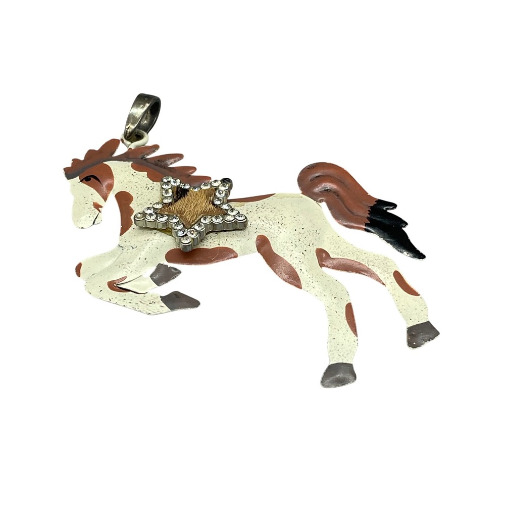 Vintage Western Horse Pendant Enamel Rhinestone Star Hair on Hide Equestrian
